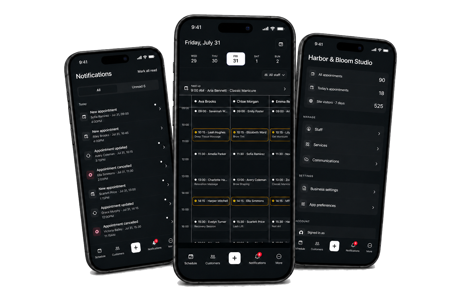 CareConnect for Salons iPhone app screens